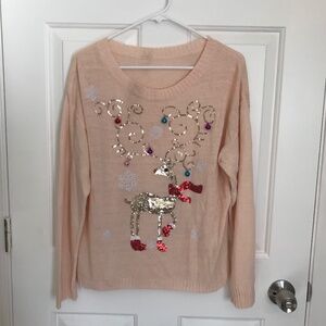 Christmas Sequin Reindeer Jingle Bells Holiday Sweater Size XL Pink